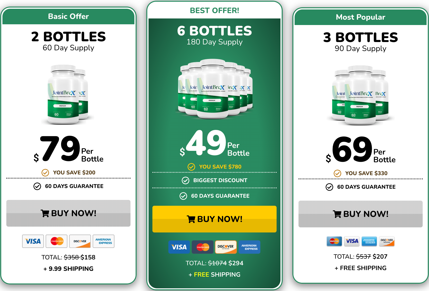 JointBrex pricing options: 2, 3, and 6 bottle packages